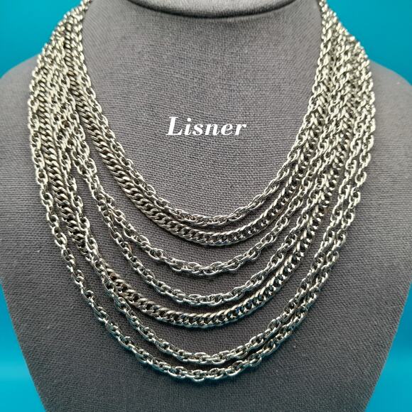 Vintage Lisner Silver Tone Chain Necklace, 7 Strands, Vintage Jewelry - Picture 1 of 10
